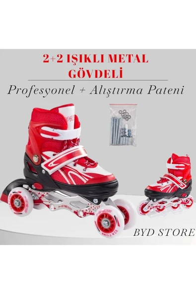 2 2 Işıklı Metal Gövdeli Profesyonel Ve Alıştırma Kırmızı Kız Erkek Çocuk Pateni 34-37 ürün görseli 1