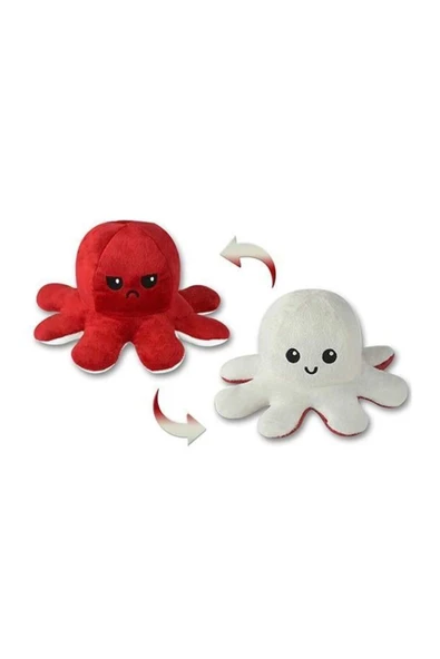Çift Taraflı Üzgün-Mutlu Peluş Ahtapot (Beyaz-Kırmızı) 30 cm ürün görseli 1