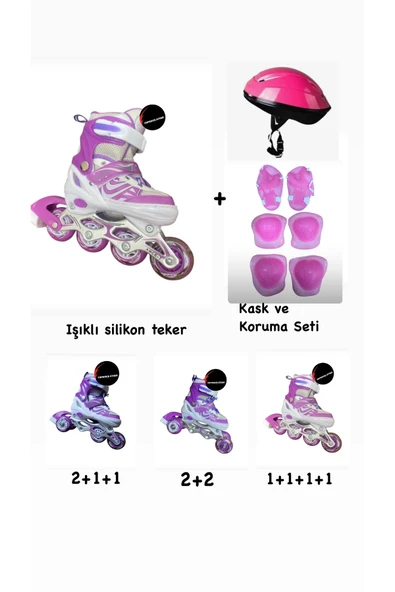 Işıklı Çocuk Pateni Ayarlanılabilir Silikon Tekerli Frenli Metal Gövdeli Paten ve Kask Dizlik Set ürün görseli 1