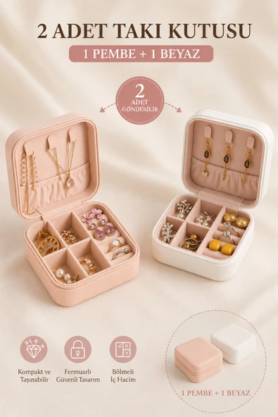Mini Takı Kutusu Seyahat Tipi Mücevher Çantası Kolye Yüzük Küpe Organizer Takı Düzenleyici ( Beyaz+ Pembe 1'er Adet Gönderilir ) ürün görseli 1