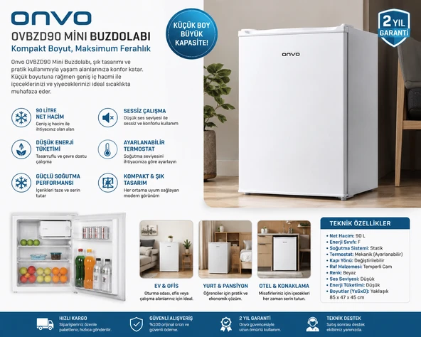 Onvo OVBZD90 90 L Mini Buzdolabı /Sessiz Çalışma / Düşük Enerji Tüketimi /Ofis, Yurt ve Otel İçin Kompakt Tasarım ürün görseli 1