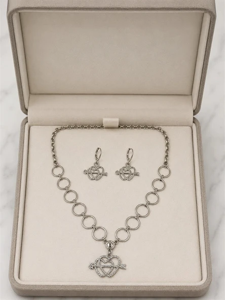 İkiz Kalp Ok Detaylı 2'li Kolye Küpe Seti ürün görseli 1