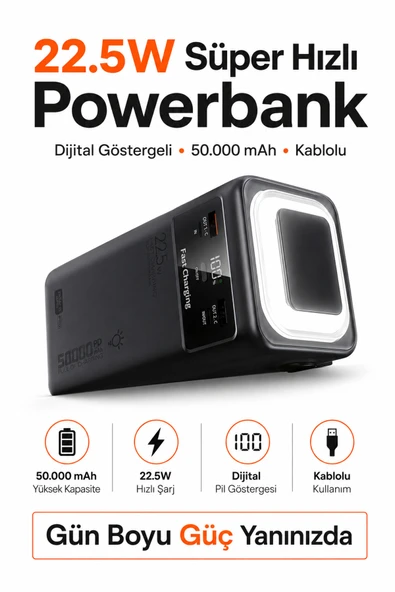 50000 mAh 22.5W Süper Hızlı Şarj Dijital Ekranlı Kablolu LED Işıklı Powerbank ürün görseli 1
