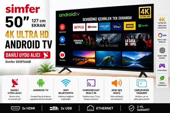 Simfer 50SFSA6B 50'' 127 Ekran 4K Ultra Hd Android Smart LED Tv Dahili Uydu Alıcı Wifi ve Bluetooth Çerçevesiz ürün görseli 1