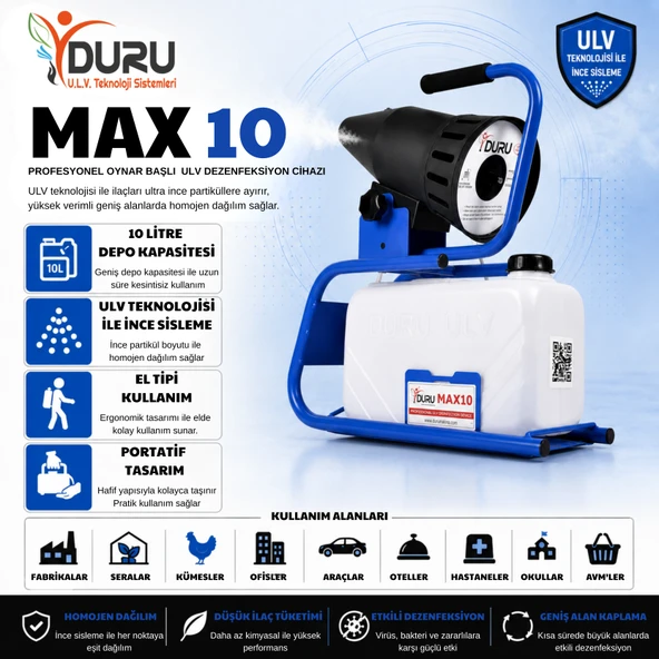 Duru Max10 10 L Oynar Başlıklı El Sırt Tipi-Portatif Elektrikli ULV Cihazı İlaçlama Sisleme Makinesi ürün görseli 1