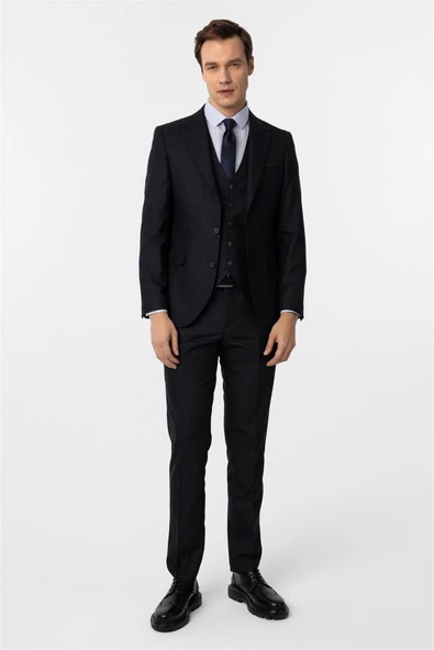 Lacivert Slim Fit Desenli Sivri Yaka 6 Drop Yelekli Klasik Takım Elbise ürün görseli 1