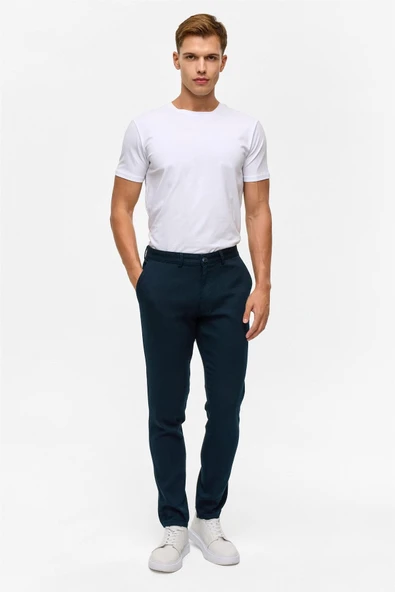 Lacivert Slim Armürlü Kanvas Pantolon - Resim 8