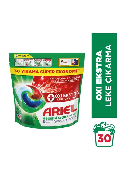 Ariel Hepsi1Arada PODS Oxi Extra Leke Çıkarma Kapsül Çamaşır Deterjanı Beyazlar ve Renkliler 30 Yıkama ürün görseli 1