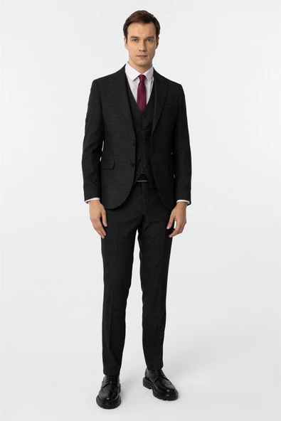 Siyah Slim Fit Desenli Sivri Yaka 6 Drop Yelekli Klasik Takım Elbise ürün görseli 1