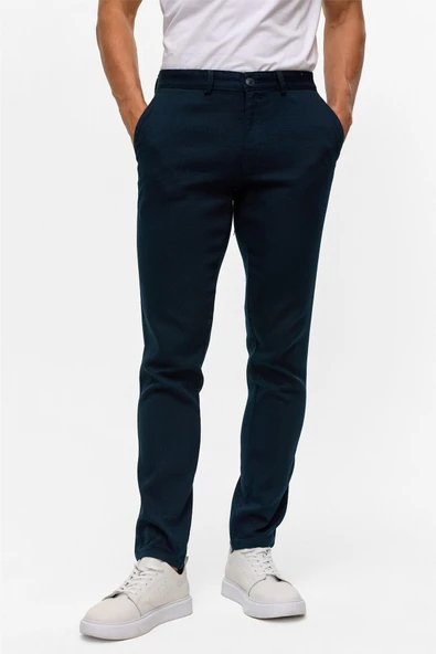 Lacivert Slim Armürlü Kanvas Pantolon - Resim 9