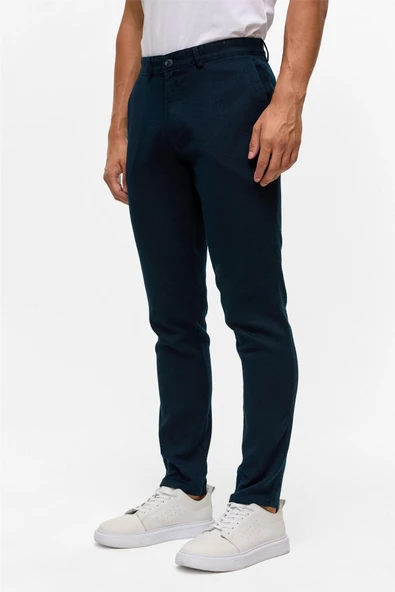 Lacivert Slim Armürlü Kanvas Pantolon - Resim 10
