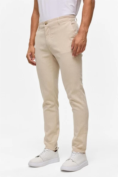 Bej Slim Armürlü Kanvas Pantolon - Resim 3