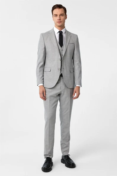Gri Slim Fit Desenli Mono Yaka 6 Drop Yelekli Klasik Takım Elbise ürün görseli 1