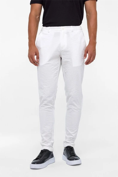 Beyaz Slim Armürlü Jogger Pantolon - Resim 4