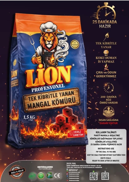 Lion Profesyonel Tek Kibritle Yanan Mangal Kömürü 1,5KG ürün görseli 1