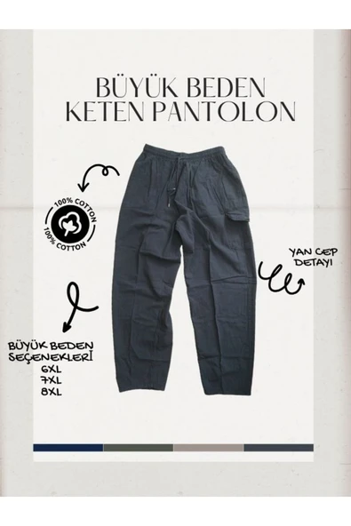 %100 Keten Süper Battal Pantolon 6XL-7XL-8XL | Bel Lastikli, Yandan Cepli Rahat Kesim ürün görseli 1