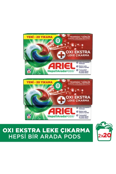 Ariel Hepsi1Arada PODS Oxi Extra Leke Çıkarma Kapsül Çamaşır Deterjanı Beyazlar ve Renkliler 20 Yıkama x2 ürün görseli 1