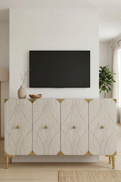 KA1297BTG ALFA Konsol ve Tv Sehpası Beyaz-Traverten-Gold 120cm ürün görseli 1