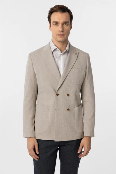 Bej Slim Fit Baskılı Kruvaze Yaka 6 Drop Ceket ürün görseli 1