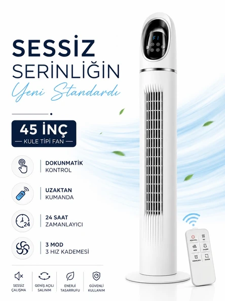 Kule Tipi Vantilatör 45 İnç, Uzaktan Kumandalı, 3 Hız Kademeli, 3 Modlu (Normal/Doğal/Uyku), Salınımlı, Dokunmatik Kontrollü, 24 Saat Zamanlayıcılı, Beyaz ürün görseli 1