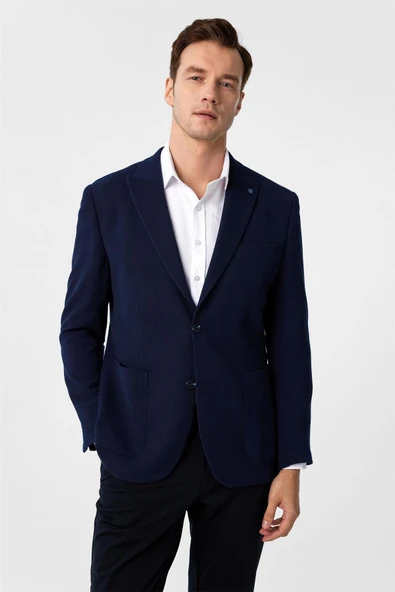 Lacivert Slim Fit Desenli Sivri Yaka 6 Drop Ceket ürün görseli 1
