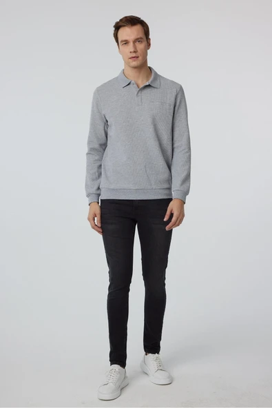Gri Regular Armürlü Polo Yaka Triko - Resim 4
