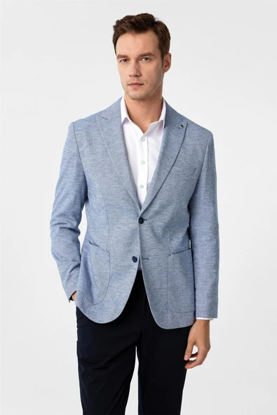 Saks Mavi Slim Fit Desenli Sivri Yaka 6 Drop Ceket ürün görseli 1