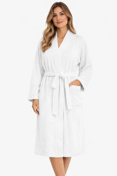 Kimono Yaka Unisex Pamuklu Tek Kişilik Bornoz Beyaz ürün görseli 1