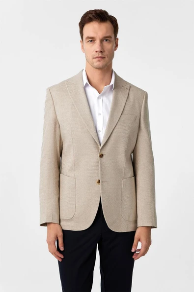 Bej Slim Fit Desenli Sivri Yaka 6 Drop Ceket ürün görseli 1