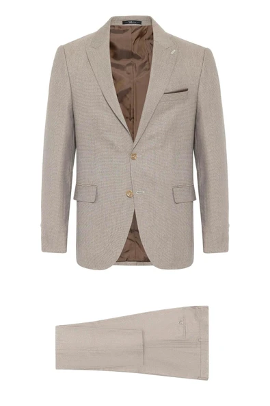 Bej Slim Fit Desenli Sivri Yaka 6 Drop Klasik Takım Elbise ürün görseli 1