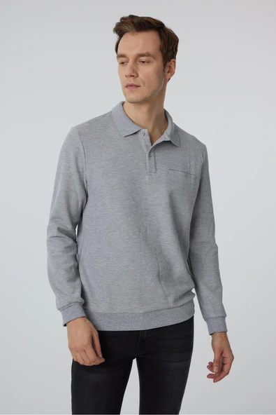 Gri Regular Armürlü Polo Yaka Triko - Resim 7