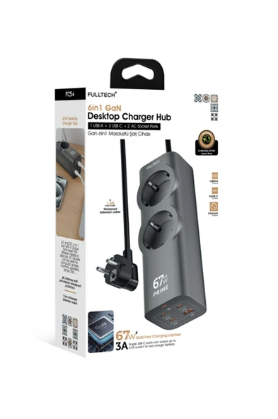 Masaüstü Şarj Cihazı 6 in 1 FC54 67W GaN 3x USB-C + USB-A + 2 Prizli Power Strip Laptop Hızlı Şarj Hub (1.5m Kablo) ürün görseli 1