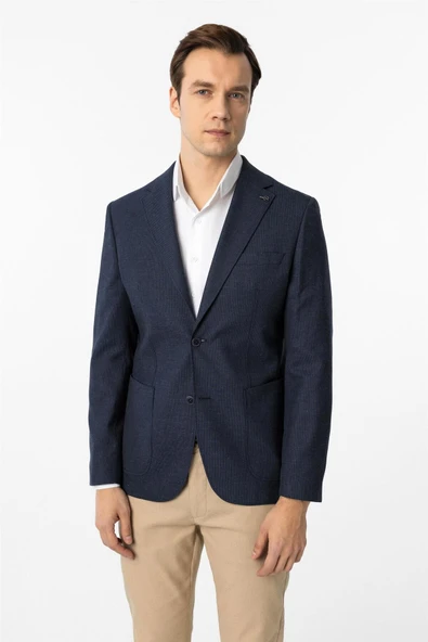 Lacivert Slim Fit Desenli Mono Yaka 6 Drop Ceket ürün görseli 1