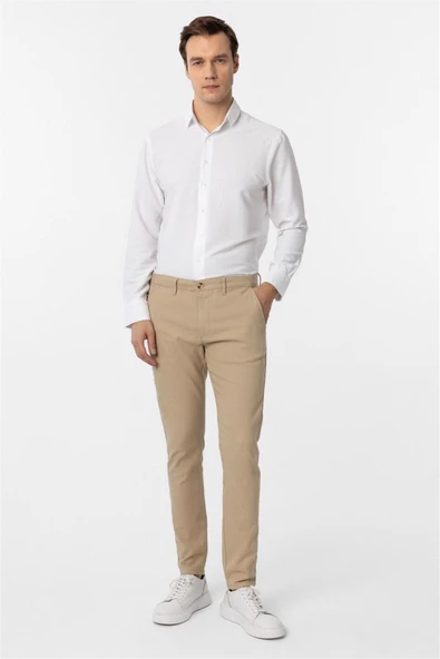 Bej Slim Fit Armürlü Kanvas Pantolon - Resim 3