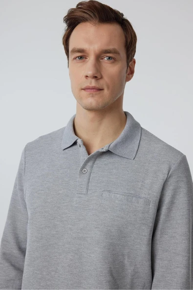Gri Regular Armürlü Polo Yaka Triko - Resim 2