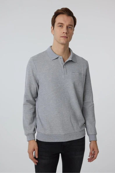 Gri Regular Armürlü Polo Yaka Triko - Resim 8