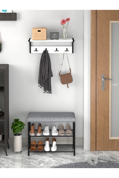 miyuhome 2'li Set Oturaklı Metal Ayakkabılık + Portmanto Duvara Monte Elbise askısı ürün görseli 1