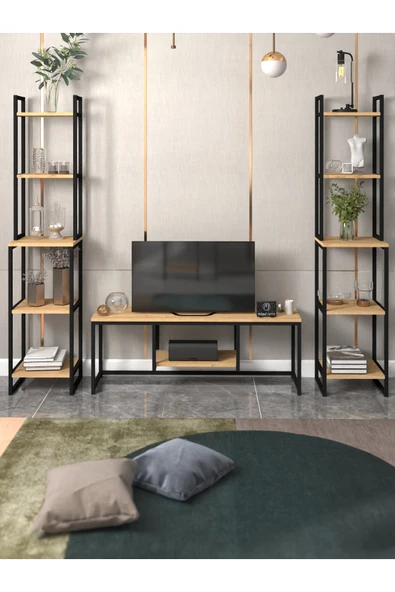 miyuhome Bade TV Ünitesi Yaşam Ünitesi Seti Metal Kitaplıklı Dekoratif TV Ünitesi Çok Amaçlı 3'lü Set Safir ürün görseli 1