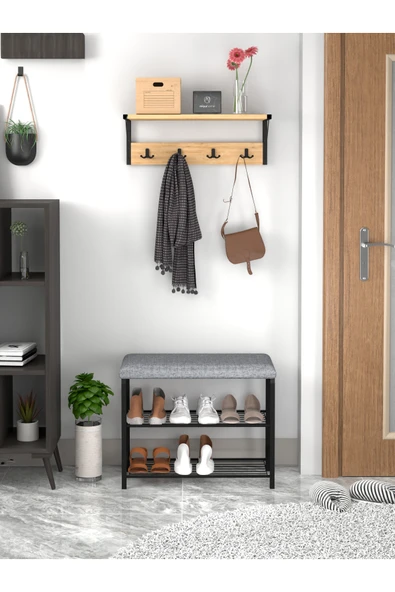 miyuhome 2'li Set Oturaklı Metal Ayakkabılık + Portmanto Duvara Monte Elbise askısı ürün görseli 1