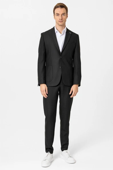Siyah Slim Fit Desenli Sivri Yaka 6 Drop Spor Takım Elbise ürün görseli 1