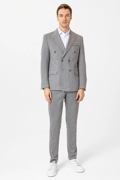 Gri Slim Fit Desenli Kruvaze Yaka 6 Drop Spor Takım Elbise ürün görseli 1