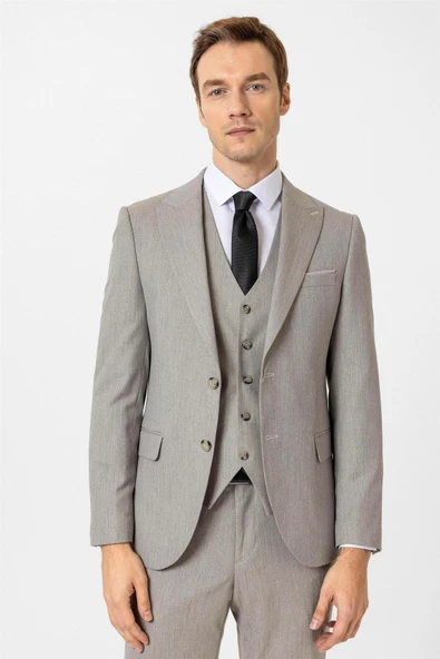 Ekru Slim Fit Desenli Sivri Yaka 6 Drop Yelekli Klasik Takım Elbise ürün görseli 1