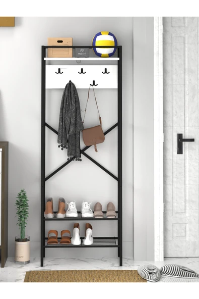 miyuhome Metal Portmanto Raflı Elbise Askılığı Vestiyer Ayakkabılık Modern 3 Raflı Askılı Portmanto ürün görseli 1
