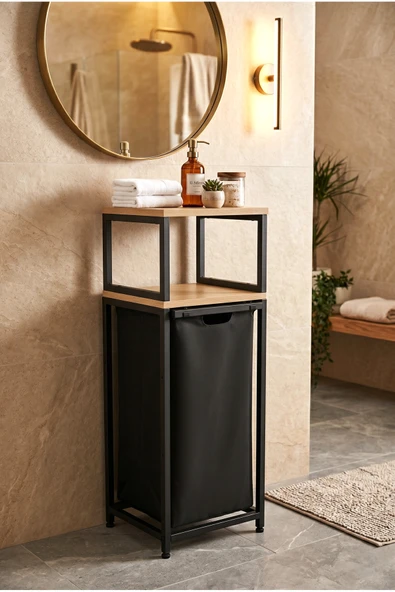 miyuhome Metal Kızaklı Çamaşır Sepeti Raflı 40 LT Kirli Sepeti Büyük Boy Raflı Kirli Sepeti Dar Alan Rafı ürün görseli 1