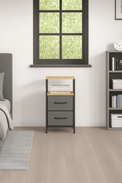 miyuhome 2 Raflı Komodin Deri Çekmeceli Düzenleyici Yatak Odası Organizer Metal Komodin ürün görseli 1