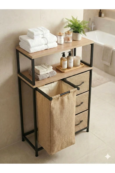 miyuhome Jüt Kumaşlı 3 Çekmeceli Metal Kızaklı Çamaşır Sepeti 40 LT Kirli Sepeti 2 Raflı Banyo Dolabı ürün görseli 1