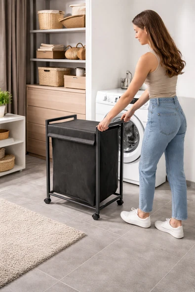 miyuhome 75 Litre Kapaklı Çamaşır Sepeti Kirli Sepeti Frenli Tekerlekli Metal Çamaşır Sepeti Çok Amaçlı Sepet ürün görseli 1