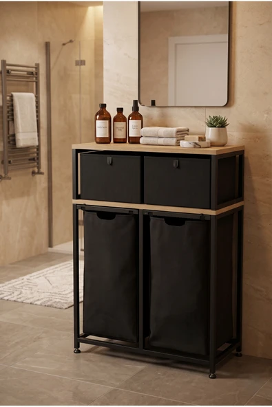 miyuhome Metal Kızaklı Çamaşır Sepeti 2 Adet Saklama Kutulu 2X40 LT Kirli Sepeti Büyük Boy Raflı Kirli Sepeti ürün görseli 1