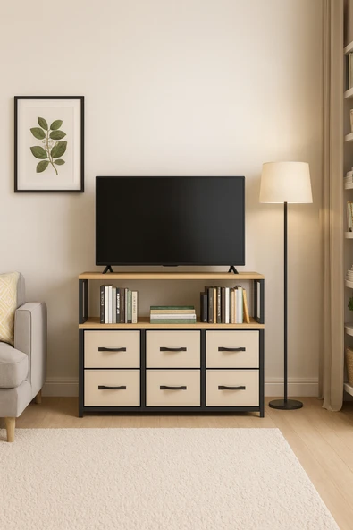 miyuhome 2 Raflı 6 Çekmeceli Tv Sehpası Deri Çekmeceli Tv Ünitesi Kitaplıklı Tv sehpası ürün görseli 1