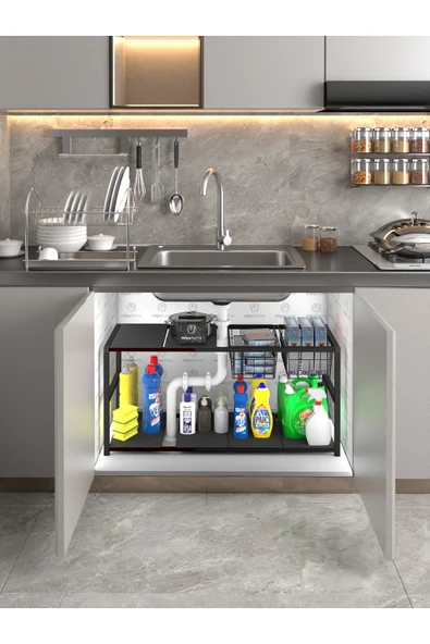 miyuhome Genişletilebilir Raf Ayarlanabilir Düzenleyici 2 Metal Sepetli Mutfak Düzenleyici Banyo Düzenleyici ürün görseli 1